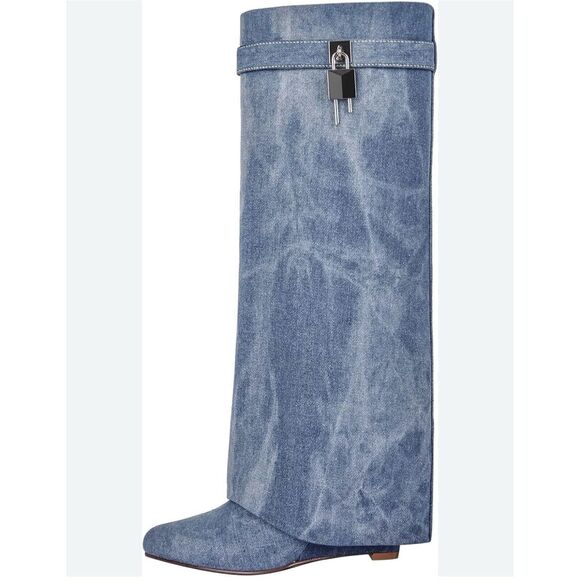 Shoes - Women's Knee High 9 Boots Fashion Wedge Denim Look Shark Lock Cowboy Blue